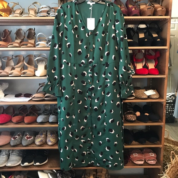 Roolee Dresses & Skirts - NWT Green Leopard Print Button Up Midi Dress